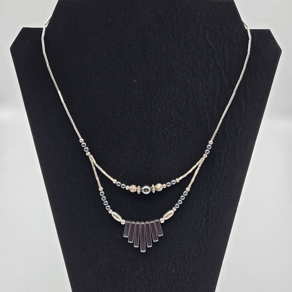 Vintage Hematite and Beaded Silver Tone Tiered Necklace